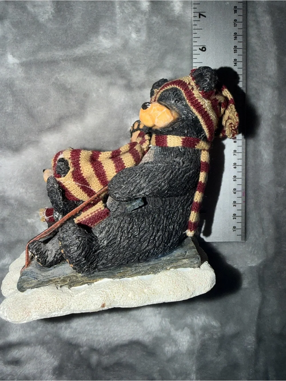 Rustic Bear Figurine with Burgundy & Cream Striped Scarf - Home Accent